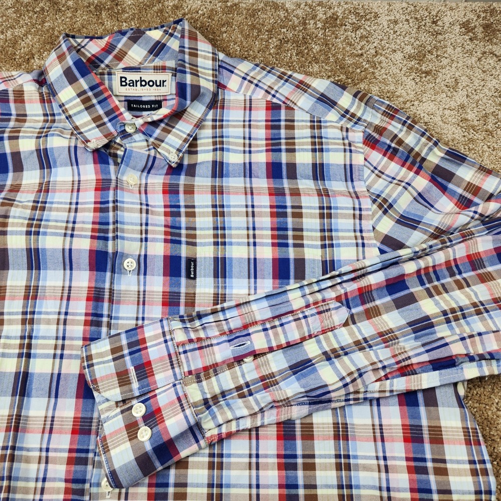 Barbour Mens Tailored Fit Plaid Long Sleeve Button Down Shirt Multicolor Large